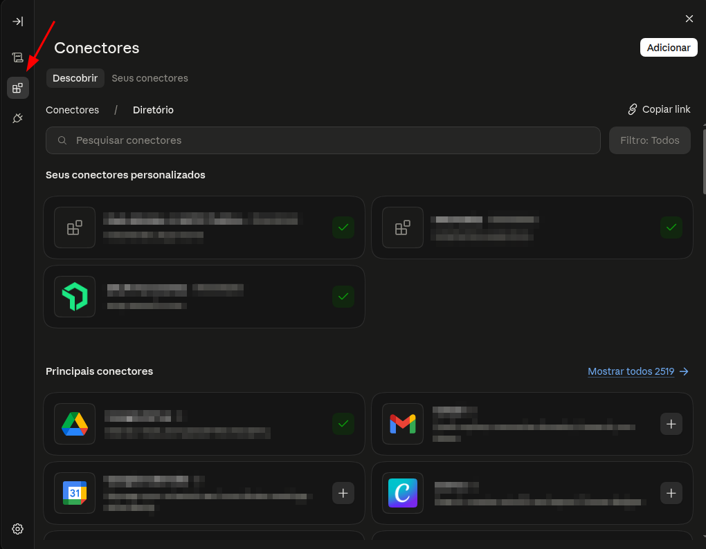 Tela de Conectores do Claude Desktop, com o botão Adicionar destacado