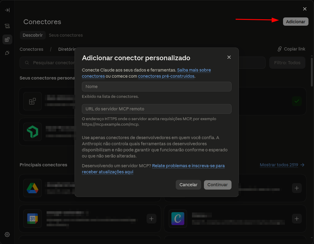 Formulário de adição de conector personalizado com os campos Nome e URL do servidor MCP remoto