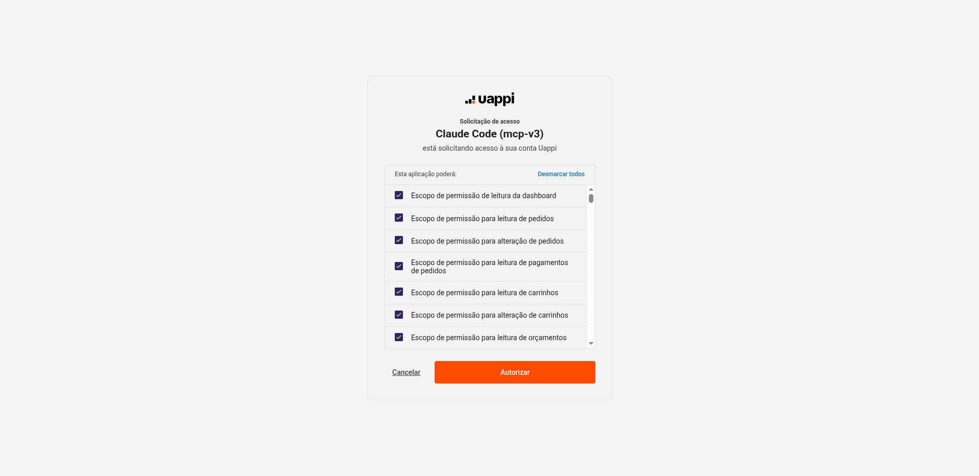 Tela de consentimento OAuth do painel Uappi, listando os escopos solicitados pelo client