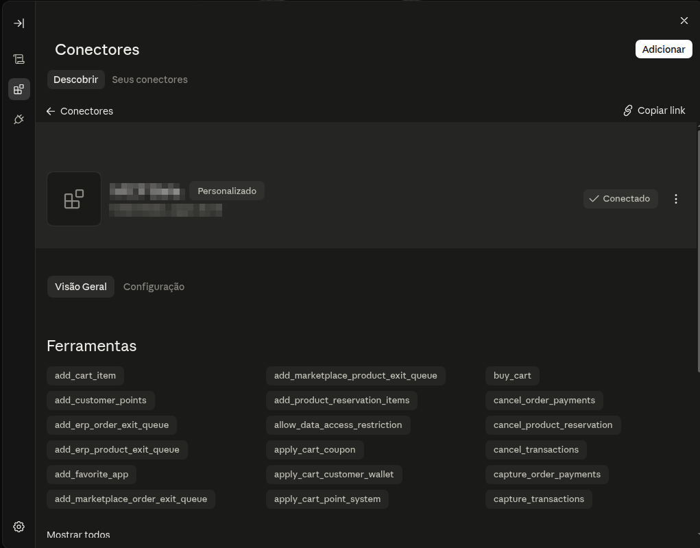Conector listado como Conectado, com a lista de ferramentas disponíveis